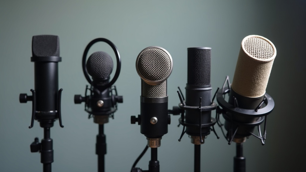 Close-up of various studio microphones set up for recording.